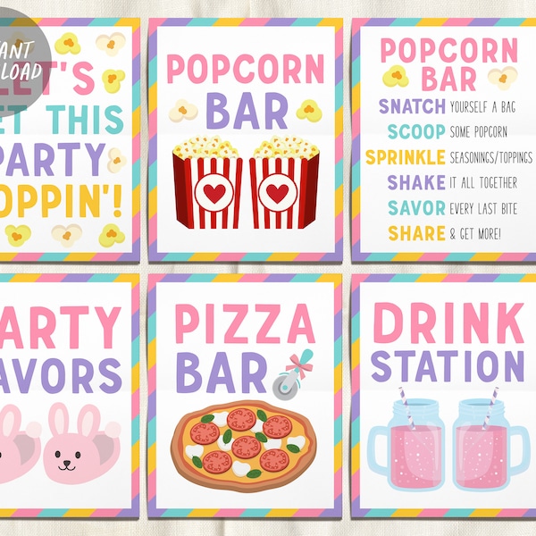 Pizza Popcorn and Pajamas Party Signs BUNDLE For Birthday, Popcorn Bar Sign Toppings, Pizzeria Slumber Sleepover Party Favors Sign Pajama