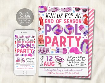 May include: A digital pool party invitation template featuring watercolor illustrations of flip-flops, sunglasses, beach balls, popsicles, and a whistle. The text reads: Join us for an end of season pool party, Saturday 12 Aug, 2:00pm to 4:30pm.