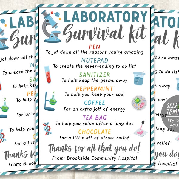 Laboratory Survival Kit Gift Tags Editable Template, Medical Lab Gifts, Lab Tech Thank You, Medical Laboratory Professionals Appreciation