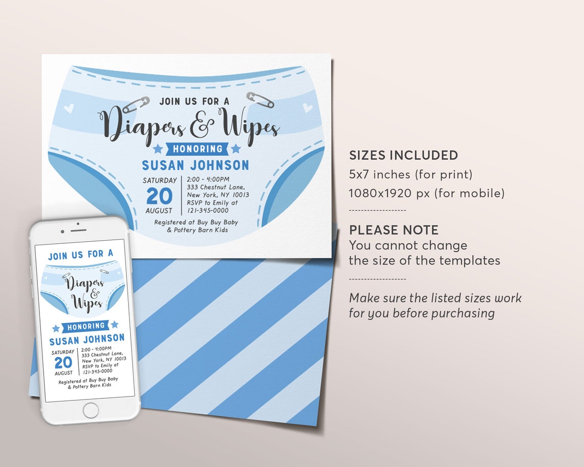 Editable Diaper and Wipes Baby Shower Invitation Template Etsy