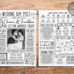 May include: A two-page wedding newspaper template featuring black text and graphics on a white background. The front page includes a photo of a couple, wedding party names, and the headline Wedding Day Post. The back page displays a timeline, map, and guest information.