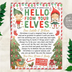 May include: A Christmas letter template titled Hello From Your Elves, featuring illustrations of two elves, two Christmas trees, a sleigh with gifts, and a Santa Approved North Pole Mail stamp. The text includes a message to Isabelle and William.
