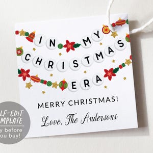 In My Christmas Era Favor Tags Editable Template, Eras Holiday Dinner Friendship Bracelet Party Thank You Treat Bag, Merry Gift Tag Label
