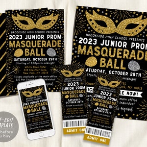 Maskerade Ball Abschlussball BUNDLE bearbeitbare Vorlage, Junior Senior Abschlussball Flyer Einladung, High School Dance Night Gala Ticket, formelle Heimkehr
