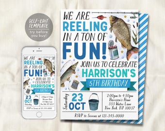 May include: A fishing-themed birthday invitation template featuring illustrations of fish, a fishing rod, a bucket, and a can of bait. The text reads: We are reeling in a ton of fun! Join us to celebrate Harrison's 5th birthday, Saturday 23 Oct.