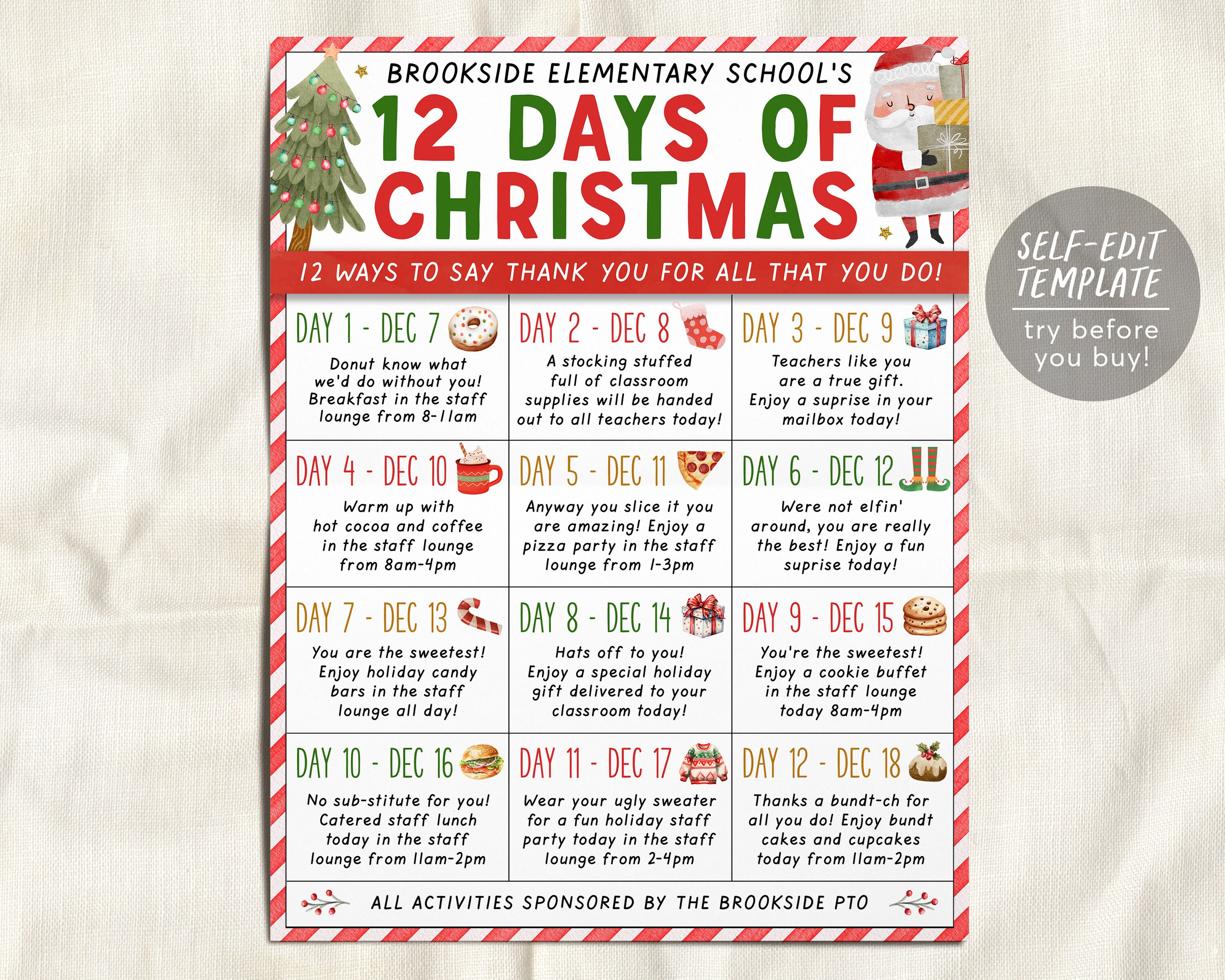 white christmas dresses Holiday Theme Teacher Staff Appreciation Week Itinerary Flyer Editable –  Puff Paper Co main image 0