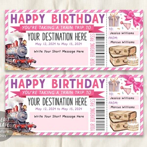 Modèle modifiable de carte d'embarquement de billet de train, chèque-cadeau de voyage d'escapade de vacances de week-end de surprise d'anniversaire pour elle, voyage d'amant de train