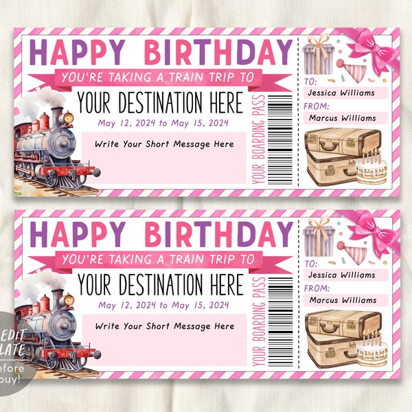 Train Ticket Boarding Pass Editable Template, Birthday Surprise Weekend Getaway Vacation Travel Gift Certificate For Her, Train Lover Travel
