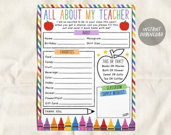 Favorites Teacher Survey Instant Download, Getting To Know My Teacher Questionnaire Worksheet, All About My Teacher, Back To School