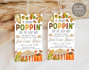 May include: Two rectangular gift tags featuring autumn-themed illustrations of pumpkins, corn, and leaves. The text reads: YOUR POPPIN' BY TO SAY HI! I'M HERE TO HELP YOU WITH ALL YOUR Real Estate Needs! Katherine Smith, Realtor, ABC Realty Company.