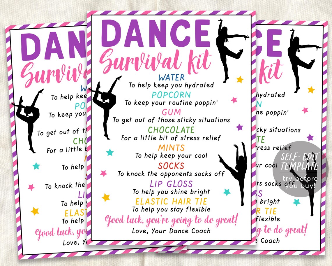 Dancer Survival Kit Gift Tags Editable Template, Dance Team Gift Idea ...