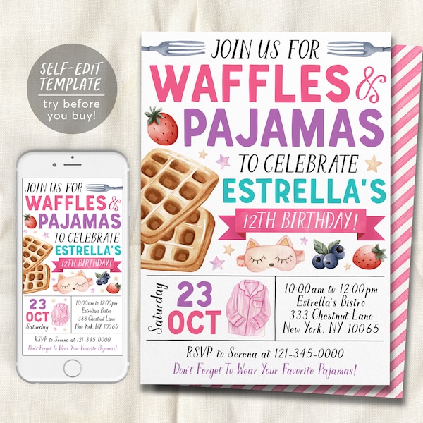 Waffles and Pajamas Birthday Invitation Editable Template, Girl Waffles And PJs Party Invite, Kids Breakfast Brunch Evite, Slumber Party