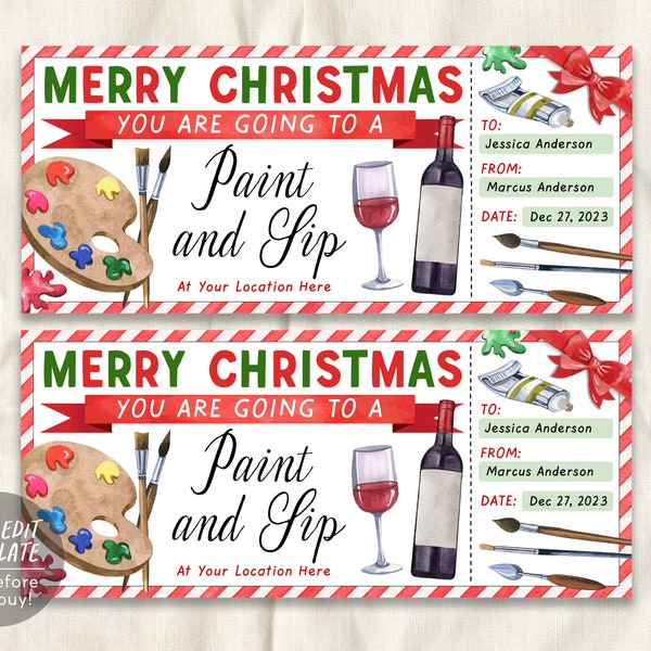 Paint And Sip Class Christmas Gift Certificate Ticket Editable Template, Surprise Painting Experience Art Lessons Date Night Voucher Wine