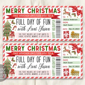 Weihnachtsspaß-Tageskarte bearbeitbare Vorlage, Überraschungstag des Spaßes mit Tante-Geschenkgutschein für Kinder, Urlaubsspaß-Erfahrungsgutschein DIY