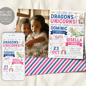 Dragons and Unicorns Joint Siblings Birthday Invitation With Photo Editable Template, Twins Magical Dragon Unicorn Theme Party Invite Evite