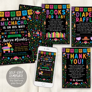Fiesta Baby Shower BUNDLE Invitation Suite Set Modèle modifiable, Muchacho Muchacha Thème mexicain Livres pour bébé Diaper Tombola Merci
