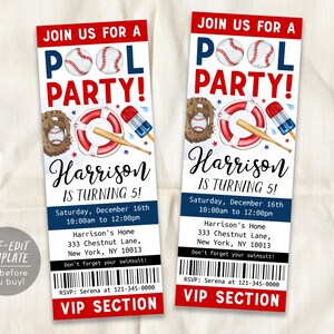 Baseball Pool Party Geburtstagsticket Einladung bearbeitbare Vorlage, All Star Sports Backyard Sommerparty VIP Pass einladen, Schwimmbad Evite