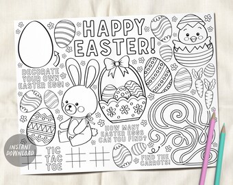 May include: Black and white Easter-themed coloring page with the text "HAPPY EASTER!" and various illustrations, including eggs, a bunny, a chick, and a basket of eggs. Includes a tic-tac-toe game and a maze.