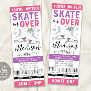 Puede incluir: Una invitación a una fiesta de patinaje en un boleto rosa y morado. El boleto dice "¡Estás invitado! Patina por aquí" y presenta una ilustración de acuarela de patines de hielo. El texto dice "¡Madison cumple 5!" e incluye la fecha, la hora y el lugar de la fiesta. El boleto también tiene una sección para el nombre del invitado, la sección, la fila y el número de asiento. El boleto dice "Admitir uno".
