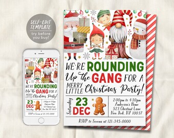 May include: A Christmas party invitation with a red and green color scheme. The invitation features a cartoon gnome, Santa Claus, an elf, and a snowman. The text reads "We're rounding up the gang for a merry little Christmas party!"  Saturday, December 23rd, 2:00pm to 4:30pm, Anderson's Home, 523 Chestnut Lane, New York, NY 10037. RSVP to Serena at 121-345-0000.