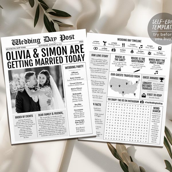Wedding Newspaper Template With Photo, Editable Ceremony Program Printable, Custom DIY Wedding Timeline With Word Search