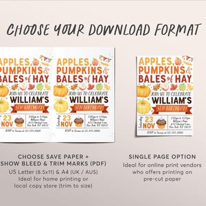 Apple and Pumpkins Birthday Invitation Editable Template, Kids Unisex Thanksgiving Bales Of Hay Party Invite, Pumpkin Patch Autumn Fall image 4