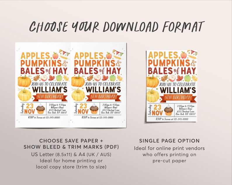 Apple and Pumpkins Birthday Invitation Editable Template, Kids Unisex Thanksgiving Bales Of Hay Party Invite, Pumpkin Patch Autumn Fall image 4