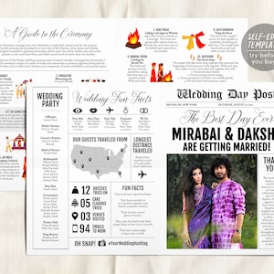 May include: A wedding announcement with a newspaper theme. The headline reads "The Best Day Ever Mirabai & Daksha Are Getting Married!" with a photo of the couple. Additional text includes wedding details and fun facts.