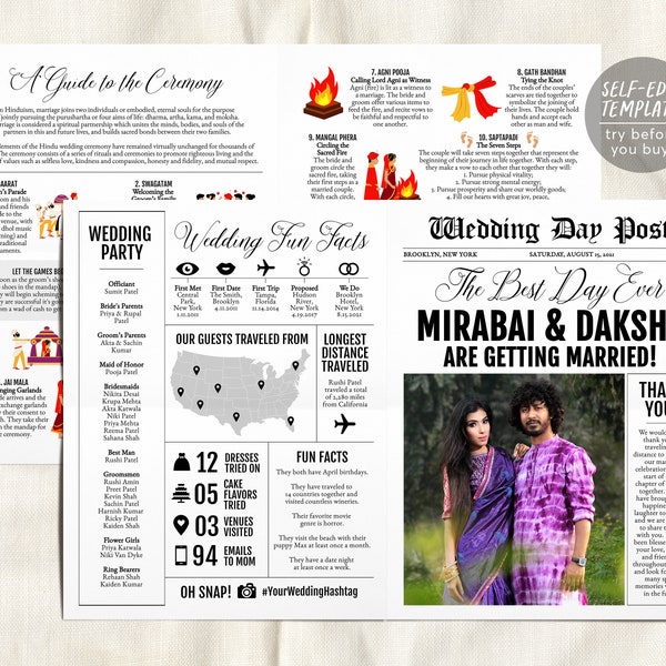 Editable Indian Ceremony Program, Hindu Wedding Program Portrait, Indian Wedding Ceremony, Newspaper Wedding Program, Hindu Wedding Ceremony