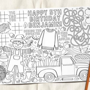 Fall Autumn Birthday Party Coloring Placemat For Kids Editable Template, Pumpkin Harvest Craft Activity Party Coloring Sheet Page Printable