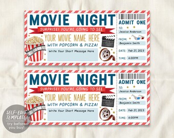 May include: Two identical movie night ticket templates featuring red and white striped borders. Text includes MOVIE NIGHT, ADMIT ONE, SURPRISE! YOU'RE GOING TO SEE, YOUR MOVIE NAME HERE, WITH POPCORN & PIZZA!, and fields for names, date, time, and a message.