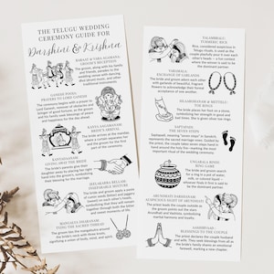 May include: A Telugu wedding ceremony guide for Darshini & Krishna. The black and white guide details the ceremony's steps, including prayers, the bride's arrival, exchanging garlands, and the ring game. The guide features illustrations of each ritual.