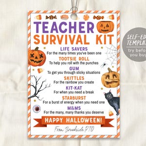 Modèle modifiable d'étiquette de kit de survie pour professeur d'Halloween, cadeau d'automne carte cadeau, cadeau d'étiquettes de bonbons d'appréciation du personnel scolaire