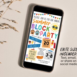 May include: A colorful digital invitation for a summer block party. The invitation features a cartoon sun with sunglasses, houses, and a sign that says "Saturday, August 20". The text on the invitation reads "Please join us for our annual Summer Block Party. Please bring a dish to share and your own drinks and chairs. Corn hole & bounce castle provided!"