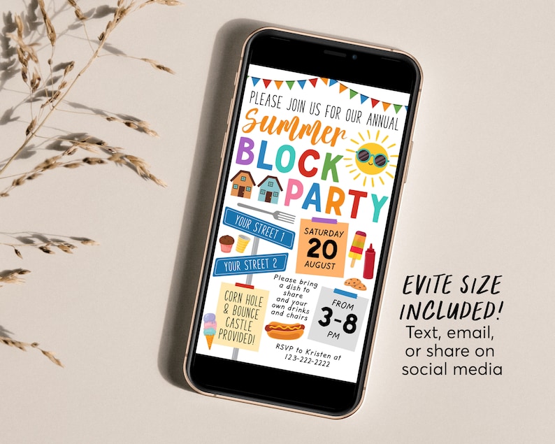 May include: A colorful digital invitation for a summer block party. The invitation features a cartoon sun with sunglasses, houses, and a sign that says "Saturday, August 20". The text on the invitation reads "Please join us for our annual Summer Block Party. Please bring a dish to share and your own drinks and chairs. Corn hole & bounce castle provided!"