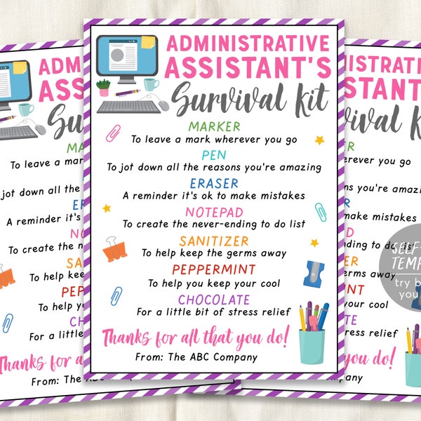 Administrative Assistant Survival Kit Gift Tags Editable Template, Administrative Professional's Day, Admin HR Secretaries Employee Day