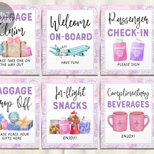 Panneaux de voyage en avion BUNDLE pour mariage Baby Shower Anniversaire, décor de table d’anniversaire sur le thème de la compagnie aérienne florale, autour du monde Aventure Bridal