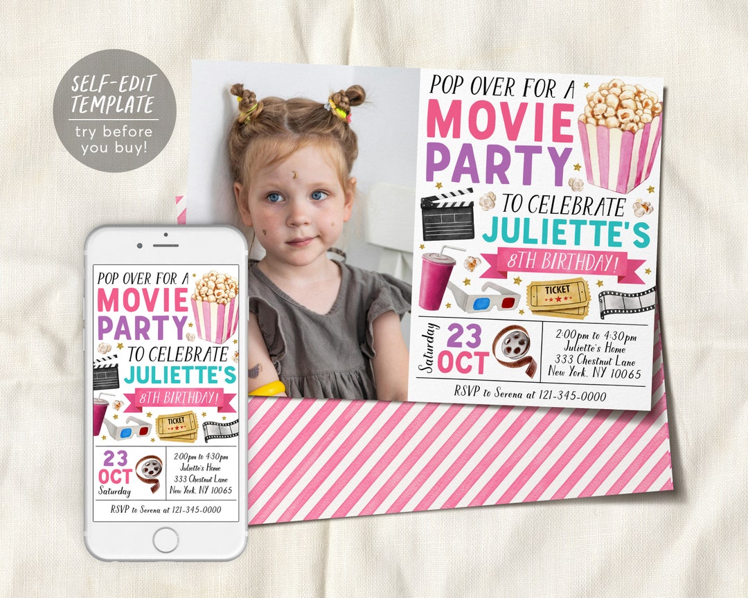 Movie Birthday Invitation With Photo Editable Template, Girl Pop on ...