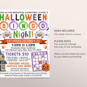 May include: A Halloween Bingo Night flyer with a spooky house, pumpkins, and candy corn. The event is at Brookside School Cafeteria on October 25th from 4:30 PM to 6:30 PM. Tickets are $10 and include a scorecard, bingo balls, drink tickets, bingo chips, popcorn, prizes, raffles, and more.  All proceeds go towards the 4th grade end of year activities.  Contact Kristen at 212-345-7455 for questions.