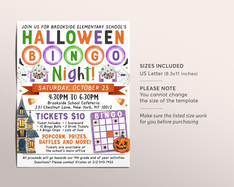 May include: A Halloween Bingo Night flyer with a spooky house, pumpkins, and candy corn. The event is at Brookside School Cafeteria on October 25th from 4:30 PM to 6:30 PM. Tickets are $10 and include a scorecard, bingo balls, drink tickets, bingo chips, popcorn, prizes, raffles, and more.  All proceeds go towards the 4th grade end of year activities.  Contact Kristen at 212-345-7455 for questions.