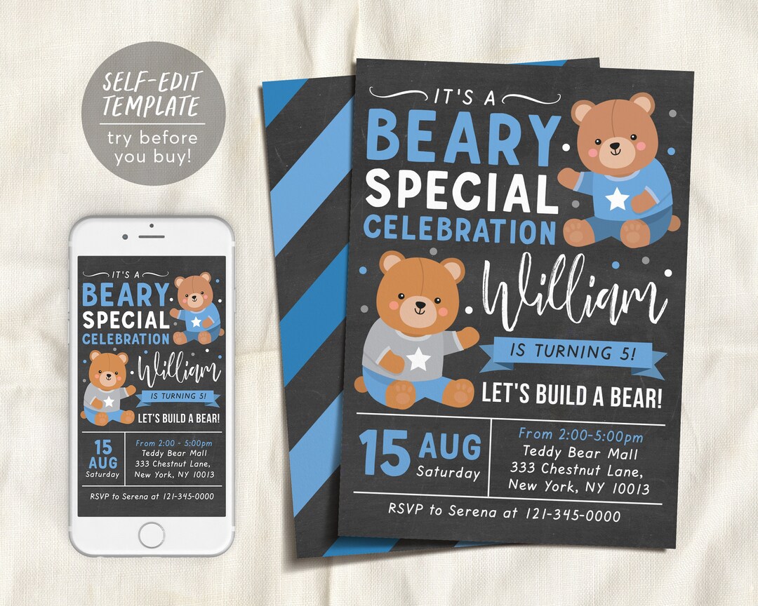 Teddy Bear BOY Birthday Invitation Editable Template, Build A Bear