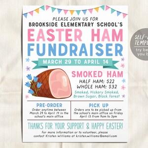 Könnte beinhalten: Ein rosa-blauer Flyer für eine Schul-Spendenaktion. Der Flyer lautet "Easter Ham Fundraiser" mit einem Bild von einem geräucherten Schinken. Der Flyer enthält auch Informationen über Vorbestellungen und Abholzeiten. Der Text lautet "March 29 to April 14".