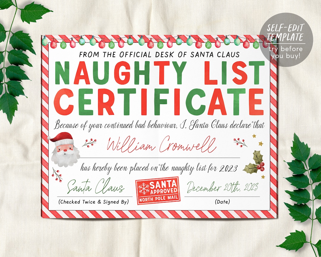 Santas Naughty List Certificate Editable Template, Warning Letter From ...