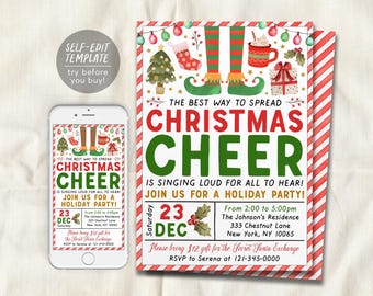 May include: A Christmas party invitation template featuring red and green text that reads The best way to spread Christmas cheer is singing loud for all to hear. The design includes elf legs, a tree, a gift, and a mug of cocoa.