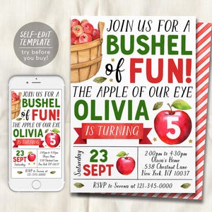 May include: A printable invitation for a birthday party with a red apple and bushel of apples theme. The invitation says "Join us for a bushel of fun! The apple of our eye Olivia is turning 5". The invitation includes the date, time, and location of the party.