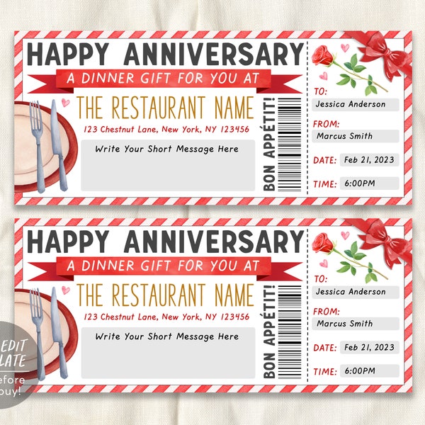 Restaurant Gift Voucher Editable Template, Wedding Anniversary Surprise Dinner Date Gift Certificate Printable, Dining Night Out Coupon