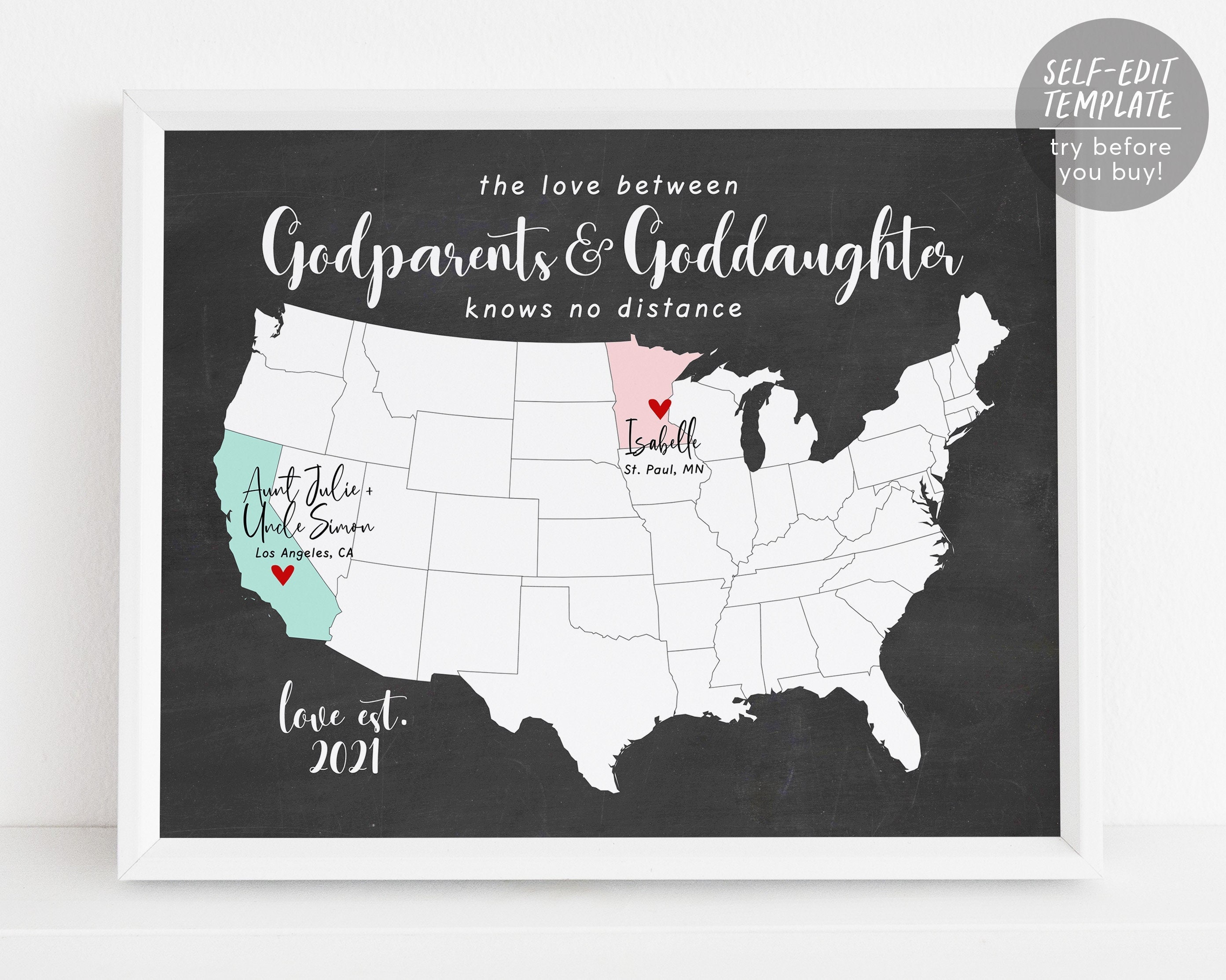 Editable Godparents Goddaughter Long Distance Gift Template, Baptism First Birthday, Love between Godson Godmother Godfather, Moving Away