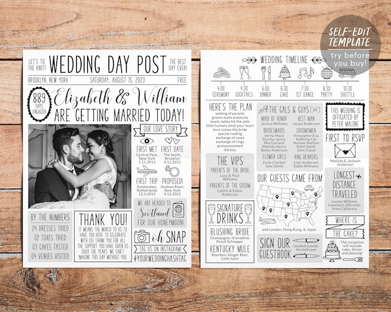 Newspaper Wedding Program 8.5x11 Editable Template, Wedding Infographic, Unique Wedding Program, Wedding Timeline Printable Signature Drinks