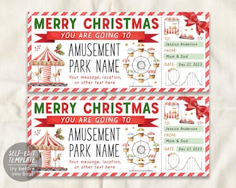 May include: A printable Christmas gift ticket featuring a red and white striped border, a carousel, a Ferris wheel, and a roller coaster illustration. The text reads Merry Christmas, You Are Going To, Amusement Park Name, and includes fields for To, From, and Date.