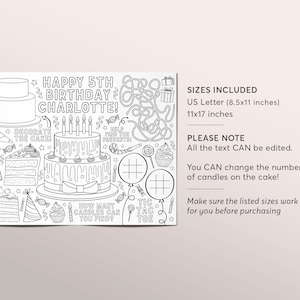 Birthday Party Coloring Placemat for Kids Editable Template, Birthday ...